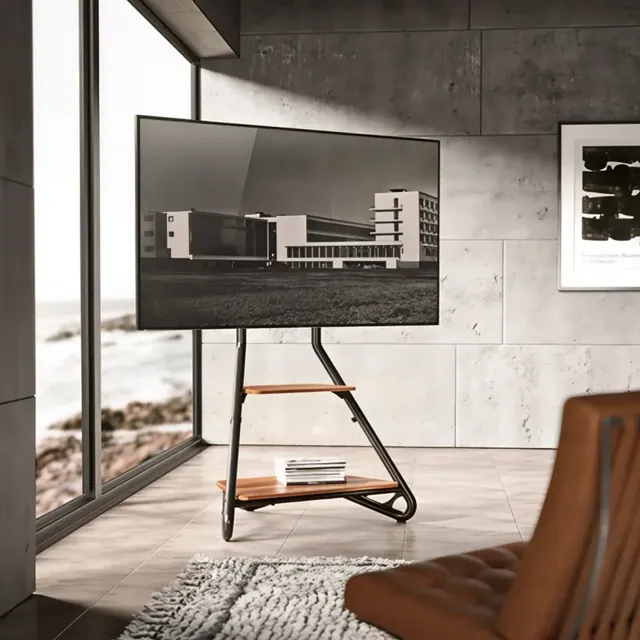 Bauhaus Style Corner TV Stand with 2-Tier Wood Shelves